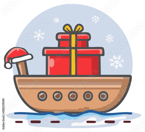 Christmas ship with gifts and Santa hat