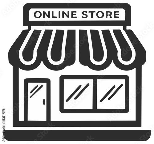 Modern online store building icon with a striped awning and sign depicting digital shopping business