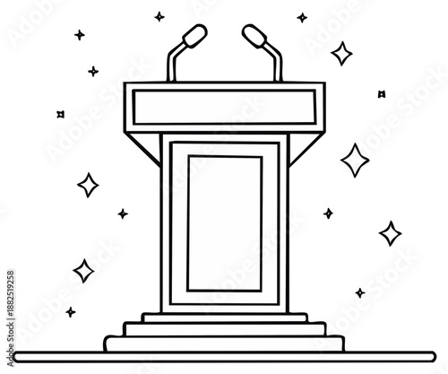Outline drawing of a speech podium with two microphones and sparkling stars