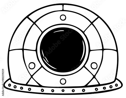 Line art of an igloo, black and white illustration of an igloo, dome shaped snow house construction with round entrance hole.
