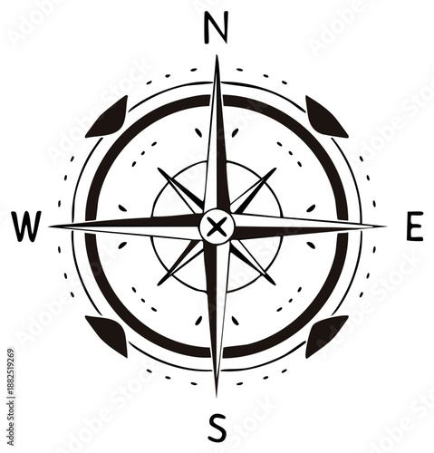 Black and white graphic compass rose showing cardinal directions North South East West with navigational points