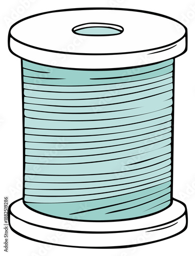 Simple cartoon illustration of a spool of light blue thread for sewing and crafts