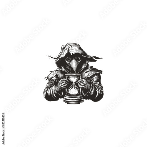 Vintage hand-drawn illustration of a plague doctor in a hooded robe holding an hourglass