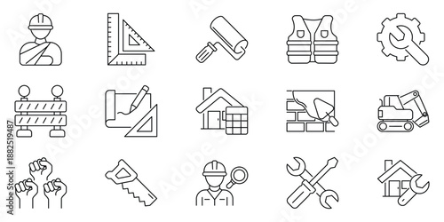 Clean line icon set for construction, building, renovation, and repair, illustrating essential tools, equipment, and industry concepts for design
