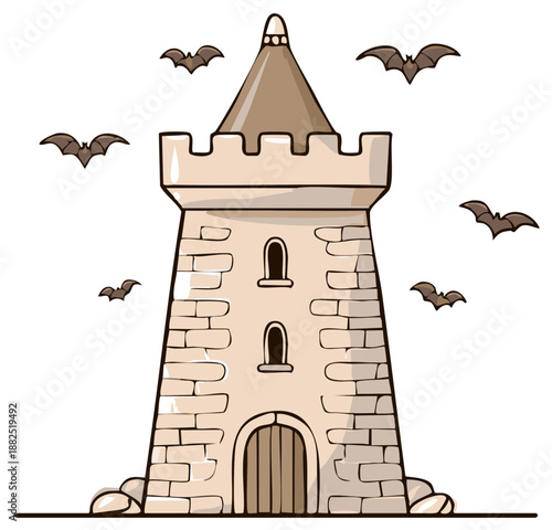 Cartoon style medieval tower with bats flying around the fortress building on white background vector illustration
