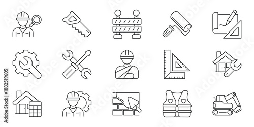 Collection of construction and renovation icons representing various tools and equipment for building and repair work