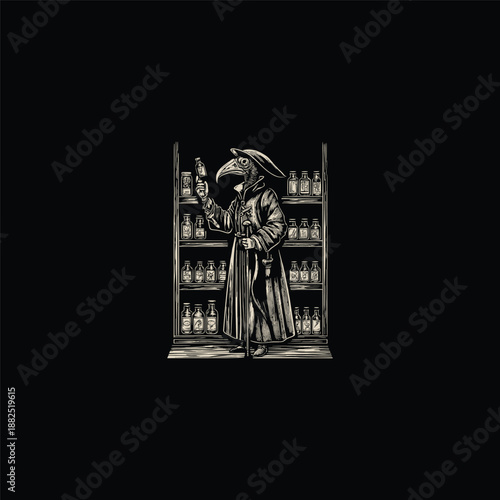 Vintage hand-drawn illustration of a plague doctor in a long robe standing in front of shelves filled with potion bottles and elixirs