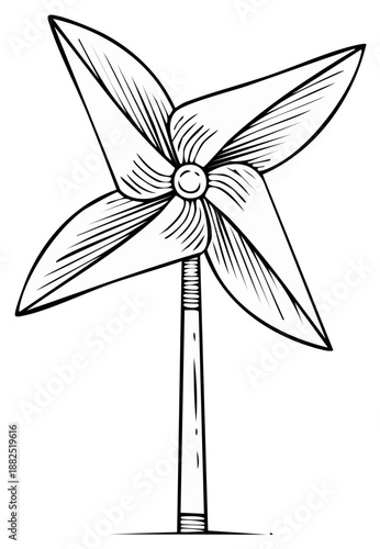 Hand-drawn illustration of a pinwheel toy, black and white sketch.