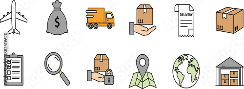 Modern logistics and delivery icon set with shipping boxes, warehouse, transport truck, tracking map and global distribution for business design