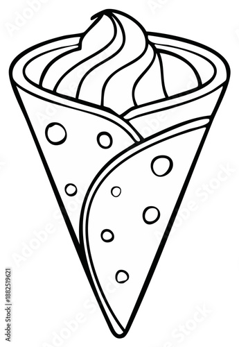 Outline illustration of a cone-shaped wrap filled with whipped cream or dessert.