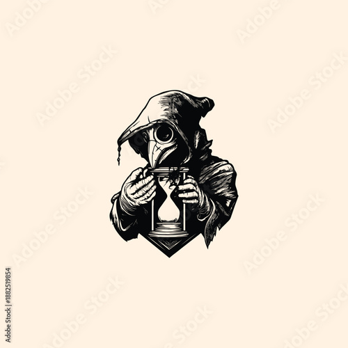 Vintage hand-drawn illustration of a plague doctor in a hooded robe holding an hourglass