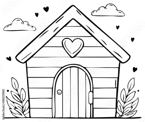 Simple line art illustration of a dog house with heart shape and clouds for coloring or design projects