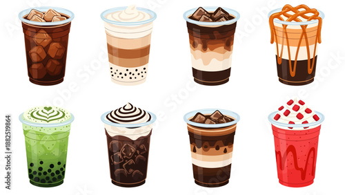 A vibrant collection of eight refreshing iced beverages features detailed layers of coffee, milk, and fruit, accented by appetizing toppings like tapioca pearls, whipped cream, and syrup