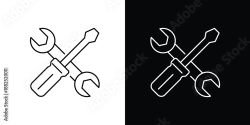 Vector icon of crossed wrench and screwdriver, signifying technical support, repair, and maintenance, ideal for app settings and service interfaces