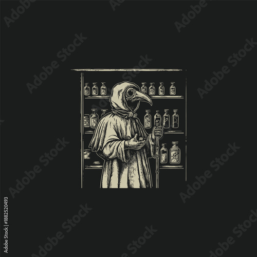 Vintage hand-drawn illustration of a plague doctor in a long robe standing in front of shelves filled with potion bottles and elixirs