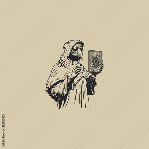 Vintage hand-drawn illustration of a plague doctor in a hooded robe holding an ancient stone tablet with mystical symbols