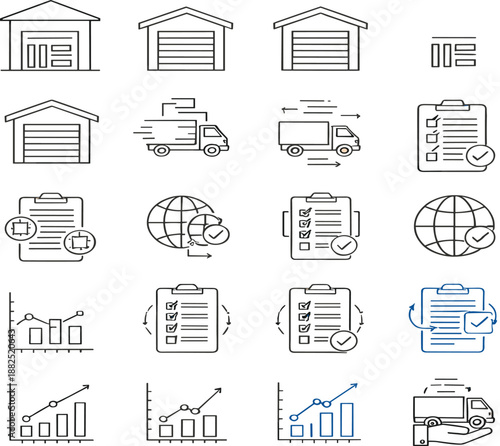 Warehouse and delivery logistics line icon set with trucks, checklists and business growth charts for supply chain design
