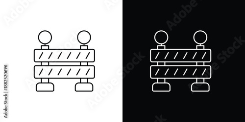 Single icon of Illustrative depiction of a construction barrier with lights on white and black backgrounds