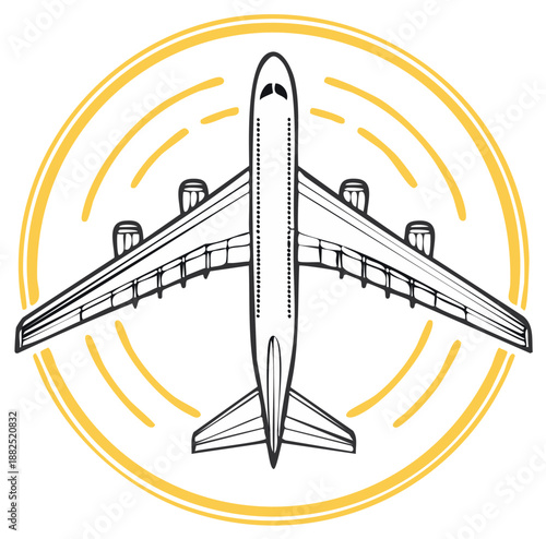 Airplane Vector Icon with Yellow Circles. Travel, Flights and Aviation Concept.