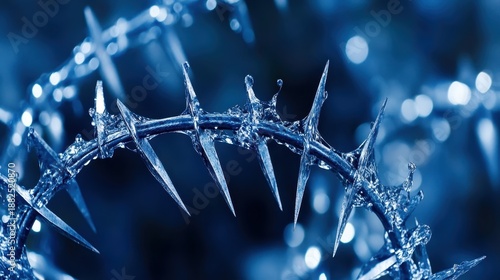 A close up macro view of a thorny branch covered in sharp ice crystals in the winter