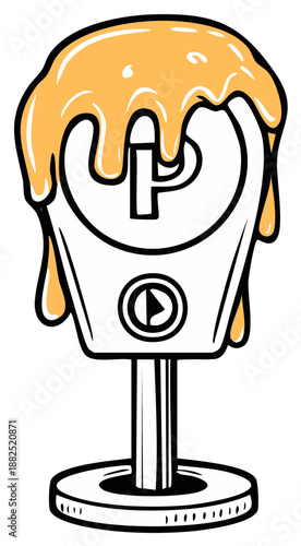 Cartoon parking meter covered in sticky honey; cartoon drawing of a parking meter; dripping honey illustration