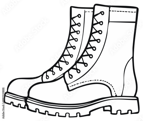 Pair of Black Combat Boots with Laces and Heavy Soles Illustration
