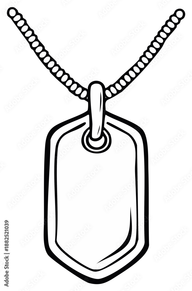 Fototapeta premium Military ID tag pendant hangs, outlined illustration on silver chain, clean cartoon badge design.