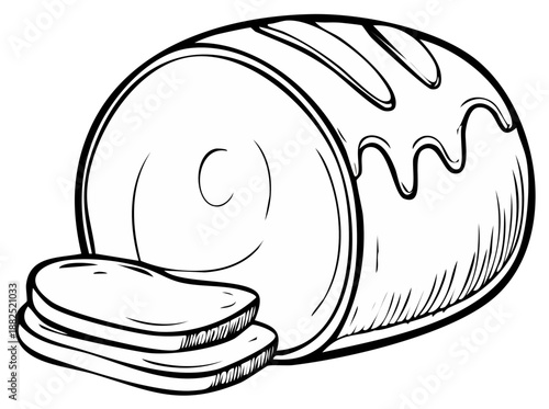 Loaf of Bread and Slices, Outline Illustration, Fresh Food, Bakery Product, Wholesome Grain