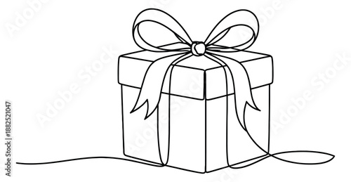 Continuous line art illustration of a gift box with a bow for festive celebrations