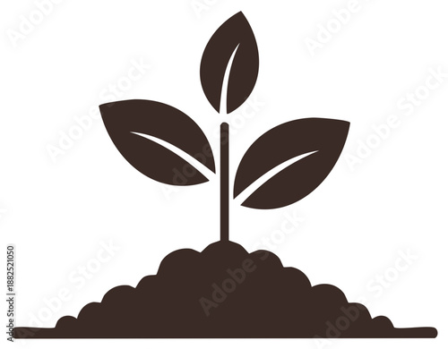A simple, stylized icon of a seedling emerging from dark soil with three leaves.