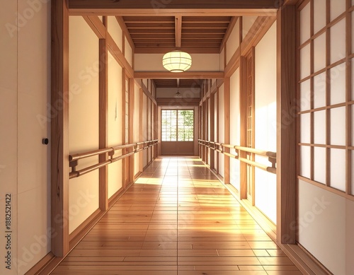 Bright Japanese hallway with handrails for elderly care and accessibility renovation presentation slides