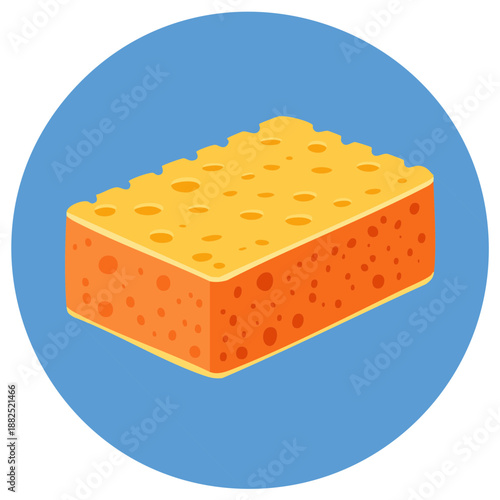 Porous cleaning sponge icon with texture and flat design, illustration in a blue circle for sanitation and hygiene