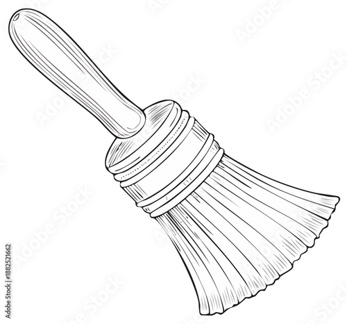 Detailed illustration of a paintbrush. Drawing of a paint brush tool in black and white.