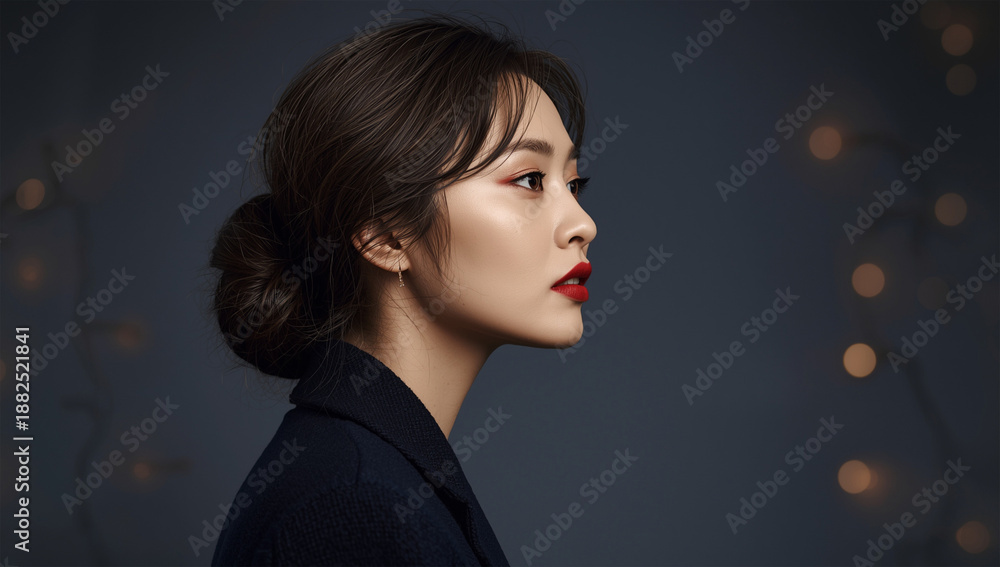 Fototapeta premium ハイファッションな質感で赤い口紅を主役にした日本人女性