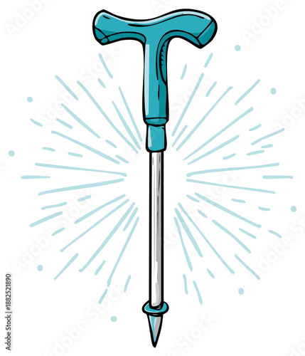 Teal Walking Stick with T-Grip and Pointed Tip Emerging from Radial Lines