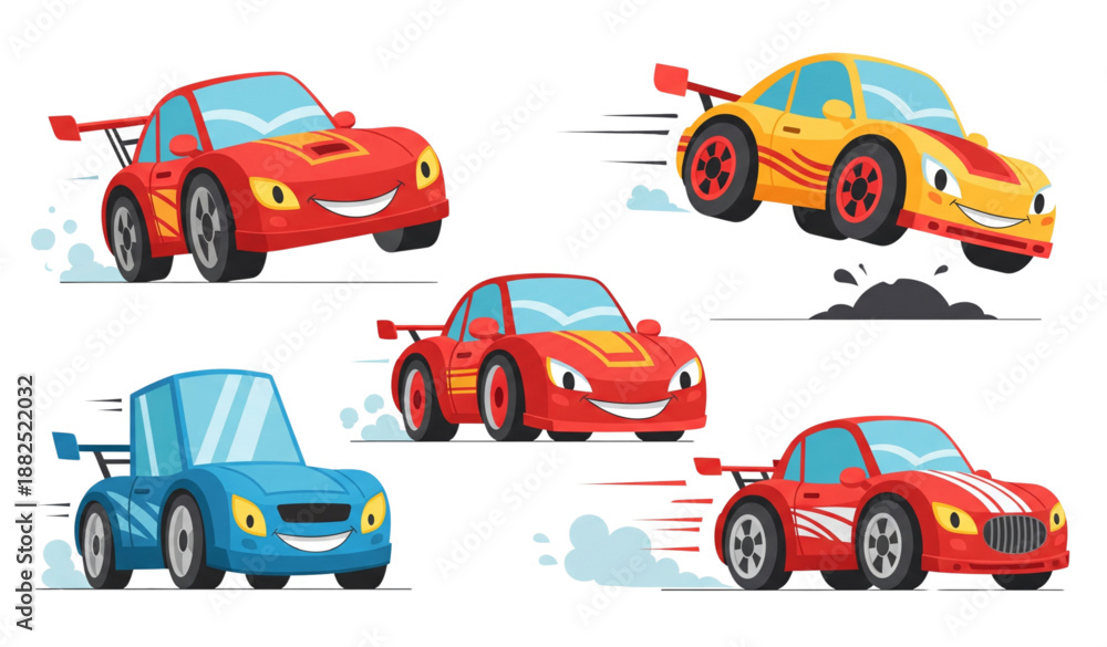Naklejka premium Cute racing car cartoon flat vector illustration set isolated on transparent background