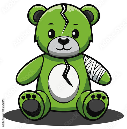 Cartoon green teddy bear with injury and head crack, sitting