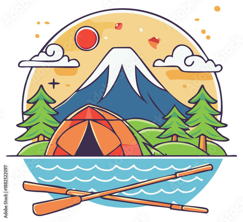 Scenic camping adventure with a majestic mountain, tent, lake, and oars