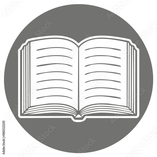 Open book icon with blank pages on a gray circle background representing knowledge and learning