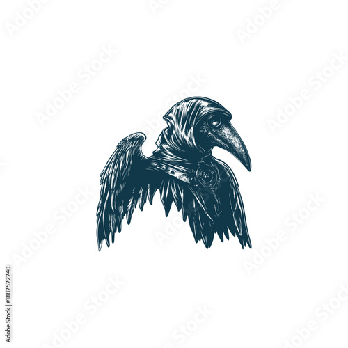 Vintage hand-drawn illustration of a plague doctor with large black feathered wings
