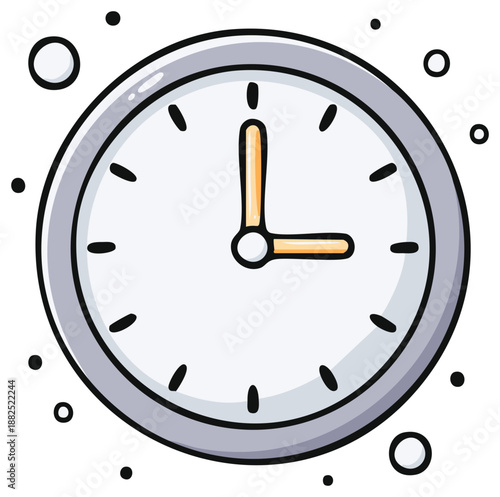 Simple hand drawn clock showing 3 oclock with playful dots and circles around it