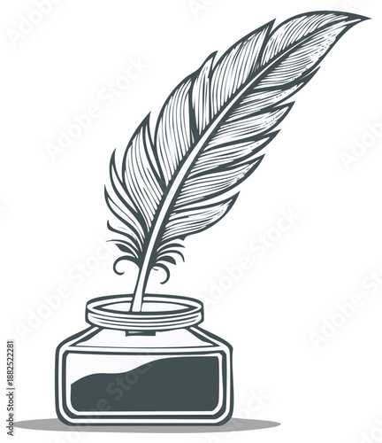 Vintage quill pen and inkwell drawing classic writing instrument and ink container emblem