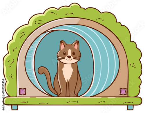 Cartoon cat sitting inside playful cat tunnel surrounded by shrubbery