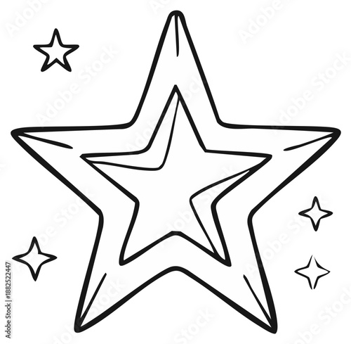 Hand drawn outline of nested stars with small starbursts surrounding them in a graphic style