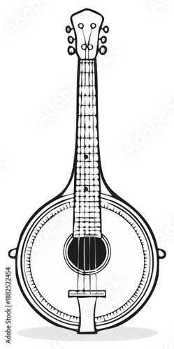 Stylized black and white vector illustration of a round body Portuguese guitar.