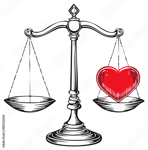 Conceptual illustration of a red heart outweighing an empty pan on vintage scales of justice