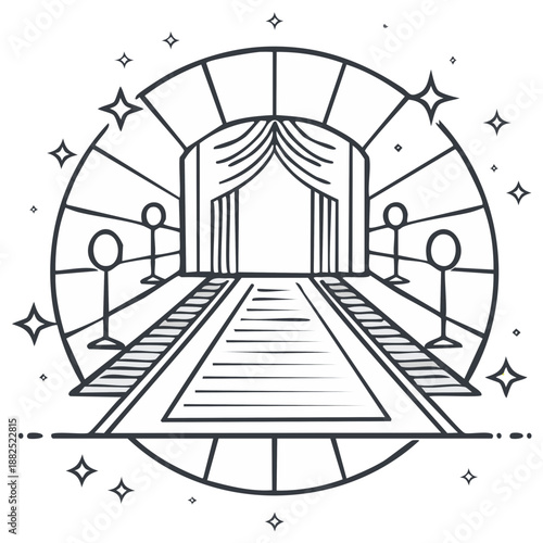 Line art Illustration of a red carpet entrance with stanchions, curtains, and a starry circle frame for events, premieres or celebrations.