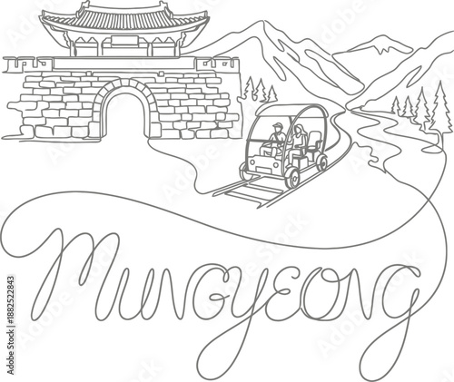 Mungyeong rail bike and traditional gate line art illustration