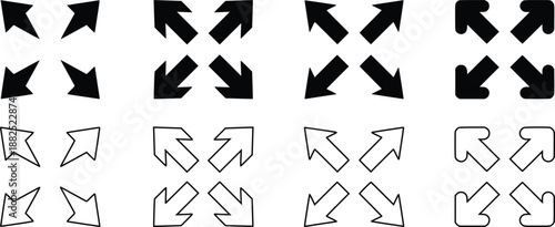 Expand and Fullscreen Arrow Icon Set, Four Direction Outward Arrows for Zoom, Resize and Maximize Interface Controls Vector Illustration