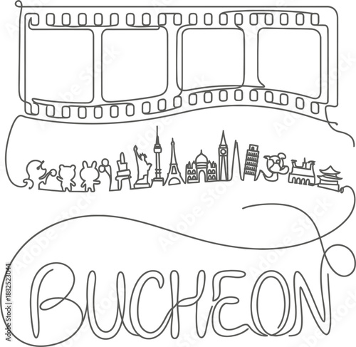 Bucheon international film festival and world landmarks one line vector illustration